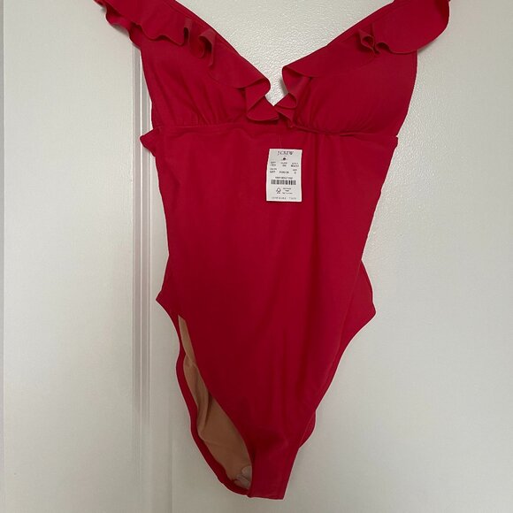 NWT: J. Crew Red One Piece V Neck Ruffle Shoulder Swimsuit, Size Small - Picture 8 of 10